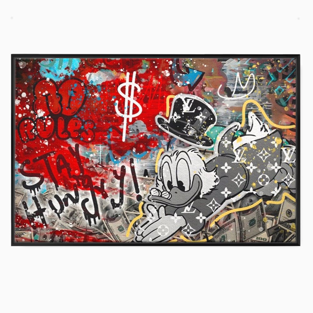 Tablou canvas cu tablou canvas cu scrooge mcduck si graffiti, in rama de aluminiu negru